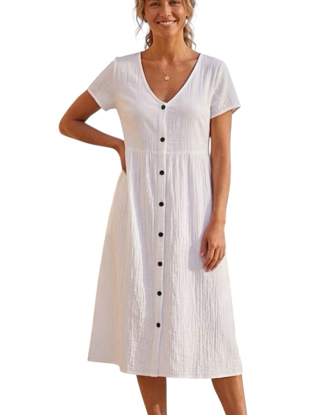 Misslook Women’s White Front Button Short Sleeve Neutral Minimalist Dress Sz L